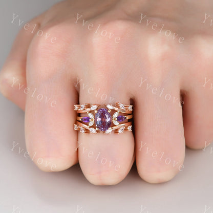 Vintage Amethyst Engagement Ring,Enhancer Ring,Amethyst Moissanite Ring Set,Women Matching Diamond Band Unique Floral Design Promise Ring