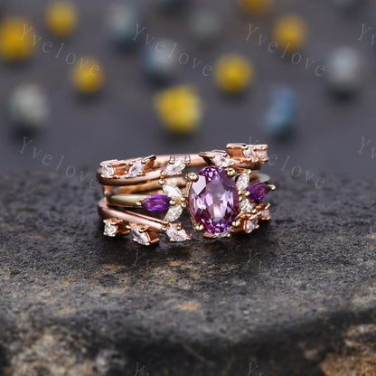 Vintage Amethyst Engagement Ring,Enhancer Ring,Amethyst Moissanite Ring Set,Women Matching Diamond Band Unique Floral Design Promise Ring