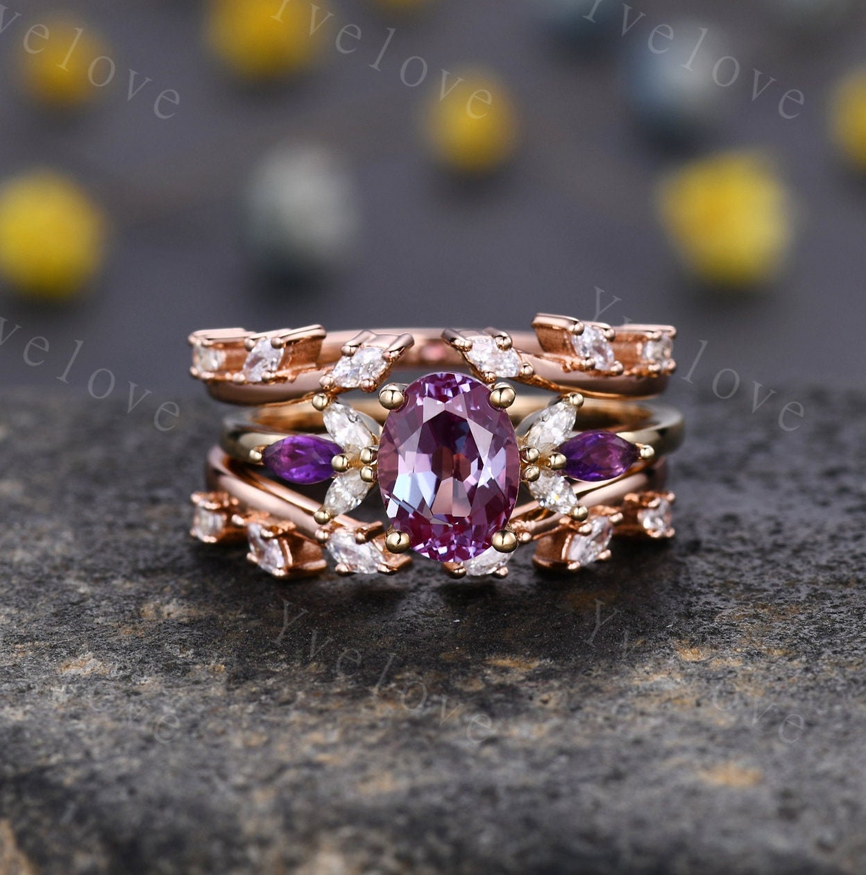 Vintage Amethyst Engagement Ring,Enhancer Ring,Amethyst Moissanite Ring Set,Women Matching Diamond Band Unique Floral Design Promise Ring