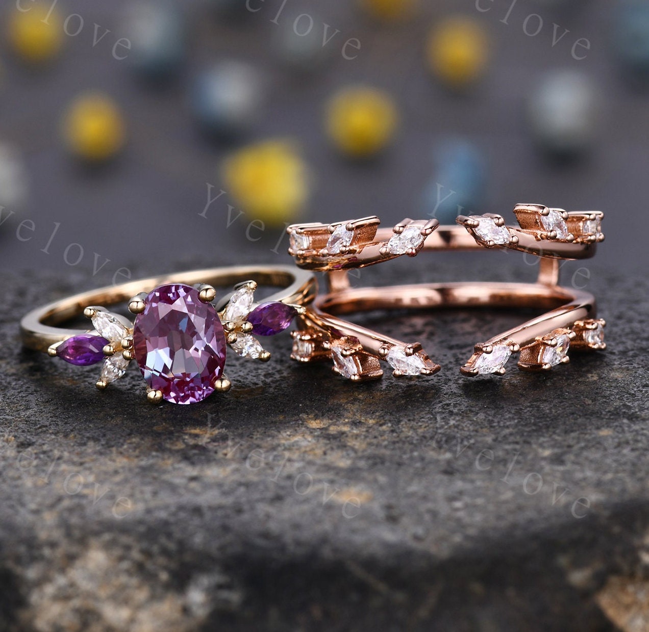 Vintage Amethyst Engagement Ring,Enhancer Ring,Amethyst Moissanite Ring Set,Women Matching Diamond Band Unique Floral Design Promise Ring