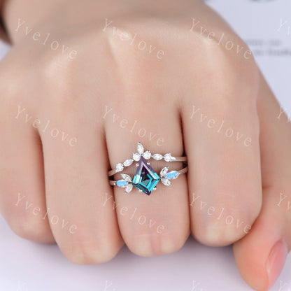 Vintage Kite Alexandrite Engagement Ring,Unique Bridal Ring Set,Marquise Moonstone Ring,Moissanite Ring Set For Women,Sterling Silver Ring