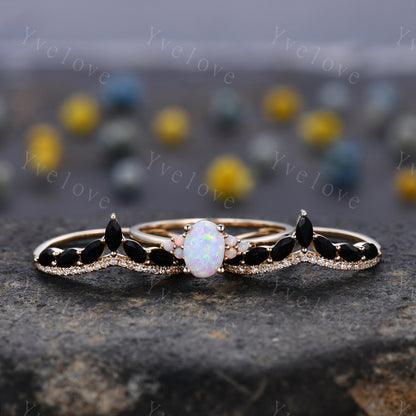 3 set,Opal Engagement Ring Set,Opal Rings for Women,Gold Opal Ring,Marquise Black Onyx Diamond Wedding Ring Set,Multi-Gemstone Ring Gift