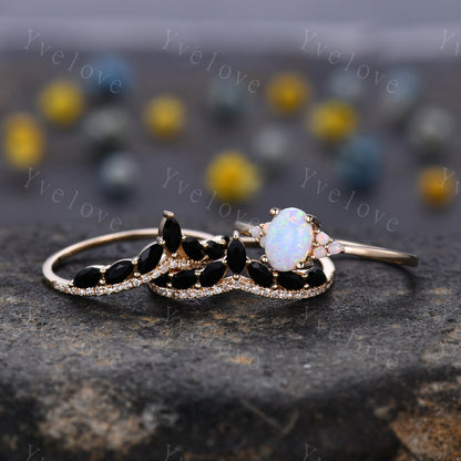 3 set,Opal Engagement Ring Set,Opal Rings for Women,Gold Opal Ring,Marquise Black Onyx Diamond Wedding Ring Set,Multi-Gemstone Ring Gift