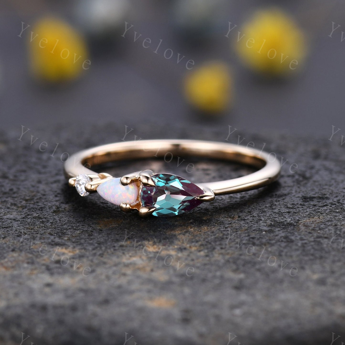 Vintage Alexandrite Opal Engagement Ring,Pear Cut Gems,Art Deco Moissanite Wedding Band,3 Stone Unique Women Bridal Promise Ring,Customized