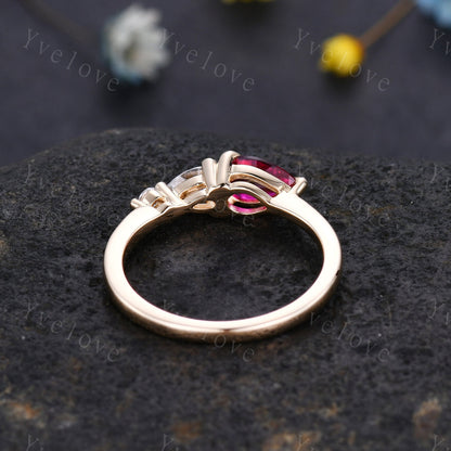 Vintage Red Ruby Ring Engagement Ring,Pear Cut Gems,Art Deco Moissanite Wedding Band,3 Stone Unique Women Bridal Promise Ring,Gold Ring Gift