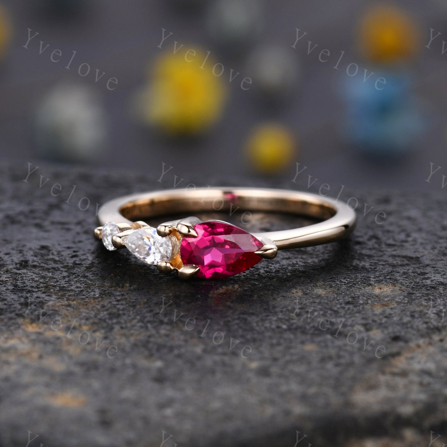 Vintage Red Ruby Ring Engagement Ring,Pear Cut Gems,Art Deco Moissanite Wedding Band,3 Stone Unique Women Bridal Promise Ring,Gold Ring Gift