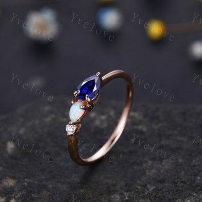 Vintage Sapphire Opal Engagement Ring,Pear Cut Gems,Art Deco Moissanite Wedding Band,3 Stone Unique Women Bridal Promise Ring,Customized