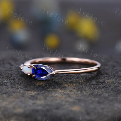 Vintage Sapphire Opal Engagement Ring,Pear Cut Gems,Art Deco Moissanite Wedding Band,3 Stone Unique Women Bridal Promise Ring,Customized