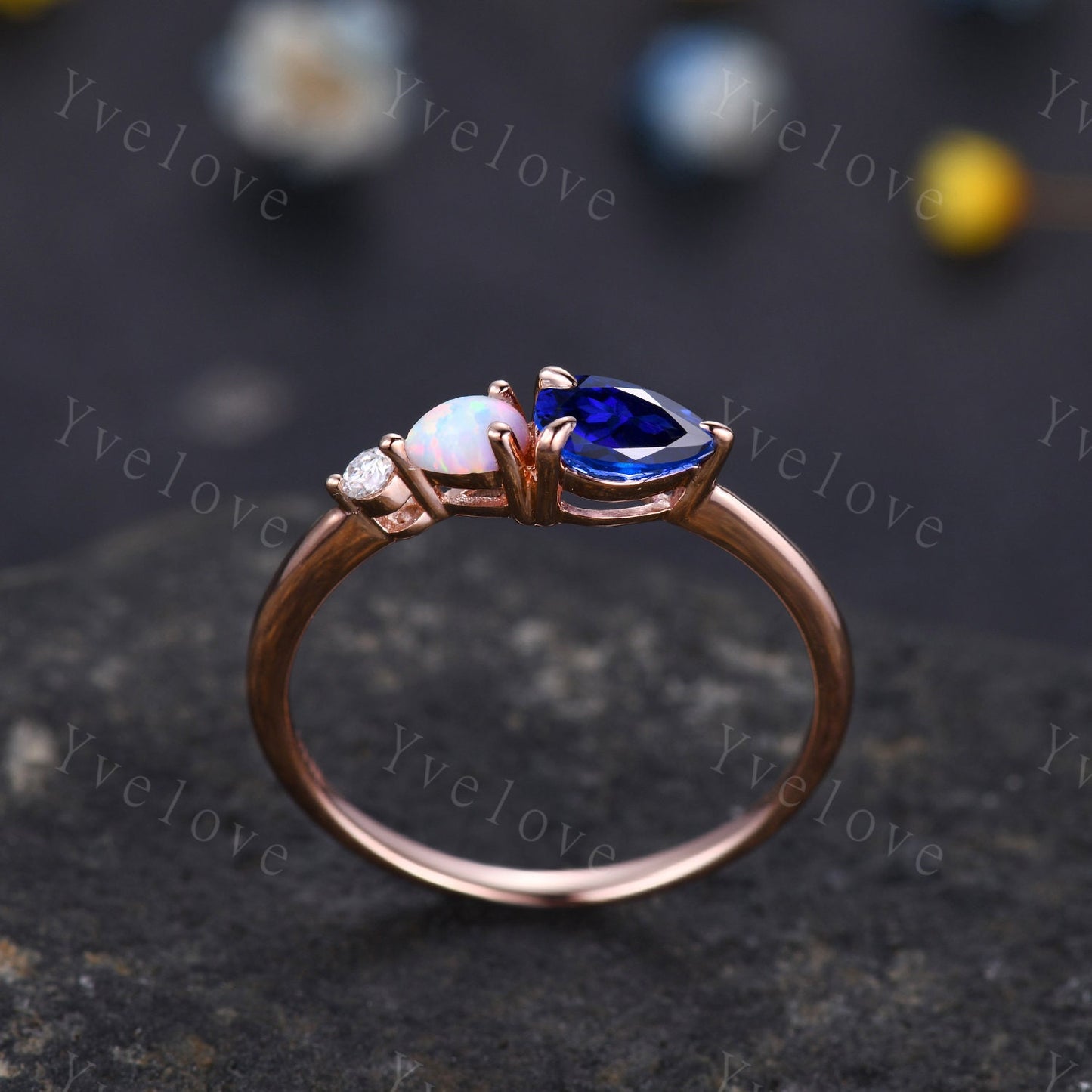 Vintage Sapphire Opal Engagement Ring,Pear Cut Gems,Art Deco Moissanite Wedding Band,3 Stone Unique Women Bridal Promise Ring,Customized