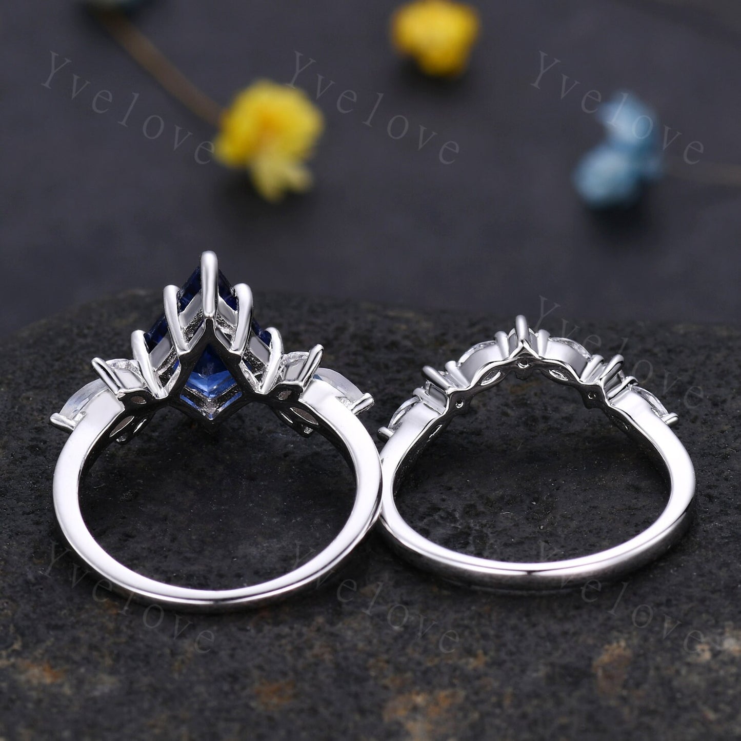 Vintage Sapphire engagement ring,kite cut ring set,art deco marquise moonstone ring,opal moissanite wedding ring set for women,silver ring