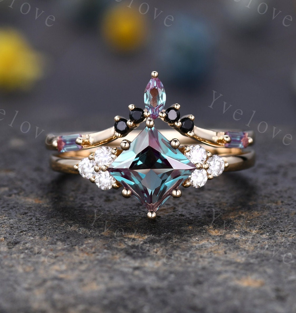 2PCS Vintage Unique Princess Cut Alexandrite Engagement Ring Set,Black Spinel Ring,June birthtone,14k rose gold,Women Unique Ring Set Gift