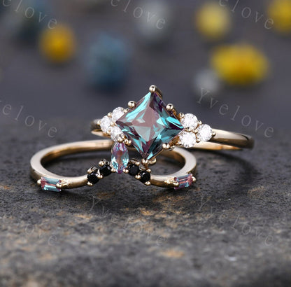 2PCS Vintage Unique Princess Cut Alexandrite Engagement Ring Set,Black Spinel Ring,June birthtone,14k rose gold,Women Unique Ring Set Gift