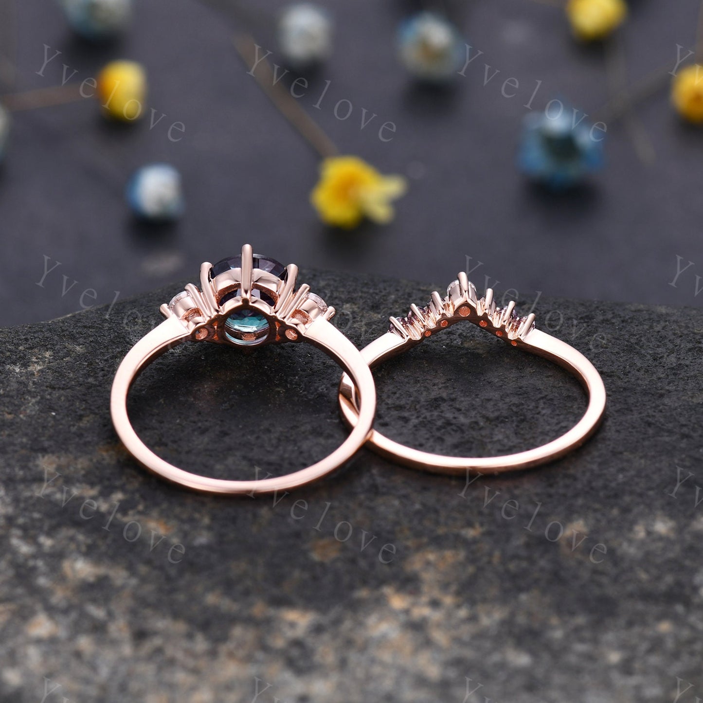 Alexandrite Engagement Ring Set Curved Crown Diamond/Moissanite Matching Band Color change alexandrite Ring Set Rose Gold Bridal Wedding Set