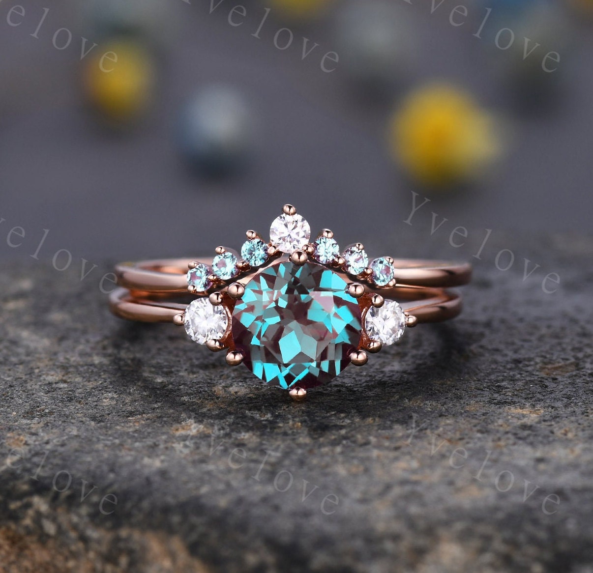 Art Deco Alexandrite Engagement Ring,Three Stone Moissanite Matching Band Color change alexandrite Ring,Rose Gold Bridal Wedding Set For Her