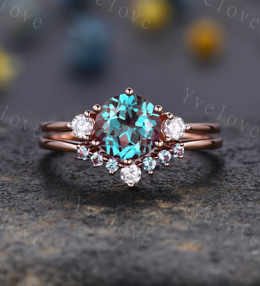 Alexandrite Engagement Ring Set Curved Crown Diamond/Moissanite Matching Band Color change alexandrite Ring Set Rose Gold Bridal Wedding Set