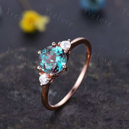 Art Deco Alexandrite Engagement Ring,Three Stone Moissanite Matching Band Color change alexandrite Ring,Rose Gold Bridal Wedding Set For Her