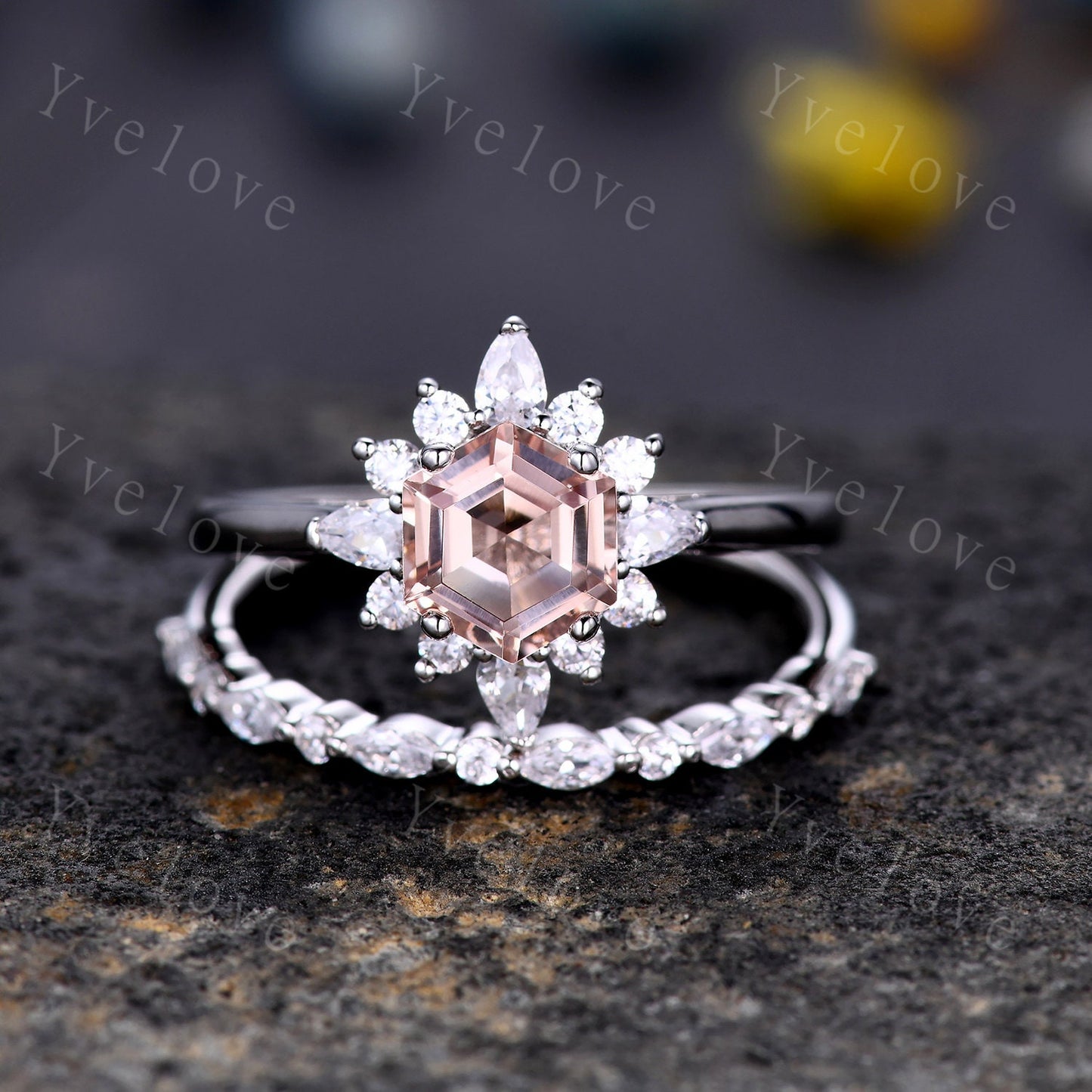 Art Deco Morganite Engagement Ring Set,hexagon Morganite ring,Marquise Moissanite Band,Pink Morganite Ring,Women Matching Wedding Band Gift