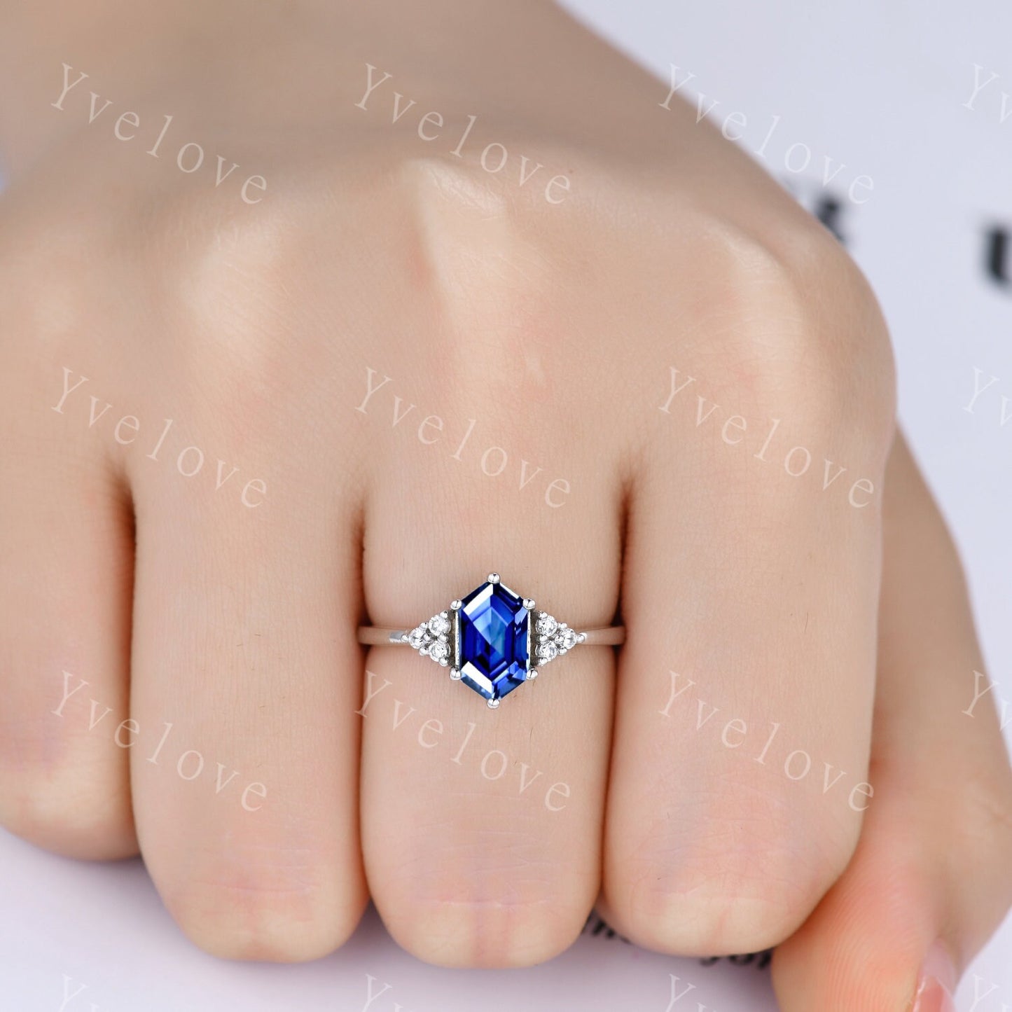 Retro Long hexagon Sapphire Ring,Vintage Sterling Silver Ring Set,Unique Sapphire Engagement Ring,Promise Ring,Anniversary Ring Gift For Her