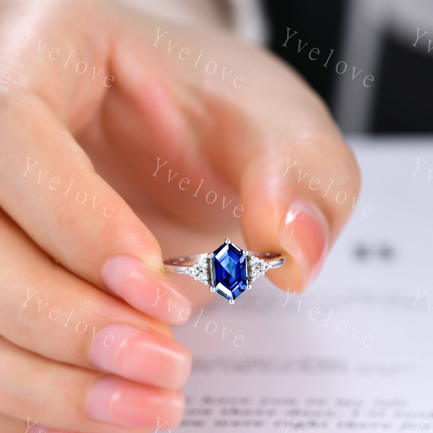 Retro Long hexagon Sapphire Ring,Vintage Sterling Silver Ring Set,Unique Sapphire Engagement Ring,Promise Ring,Anniversary Ring Gift For Her