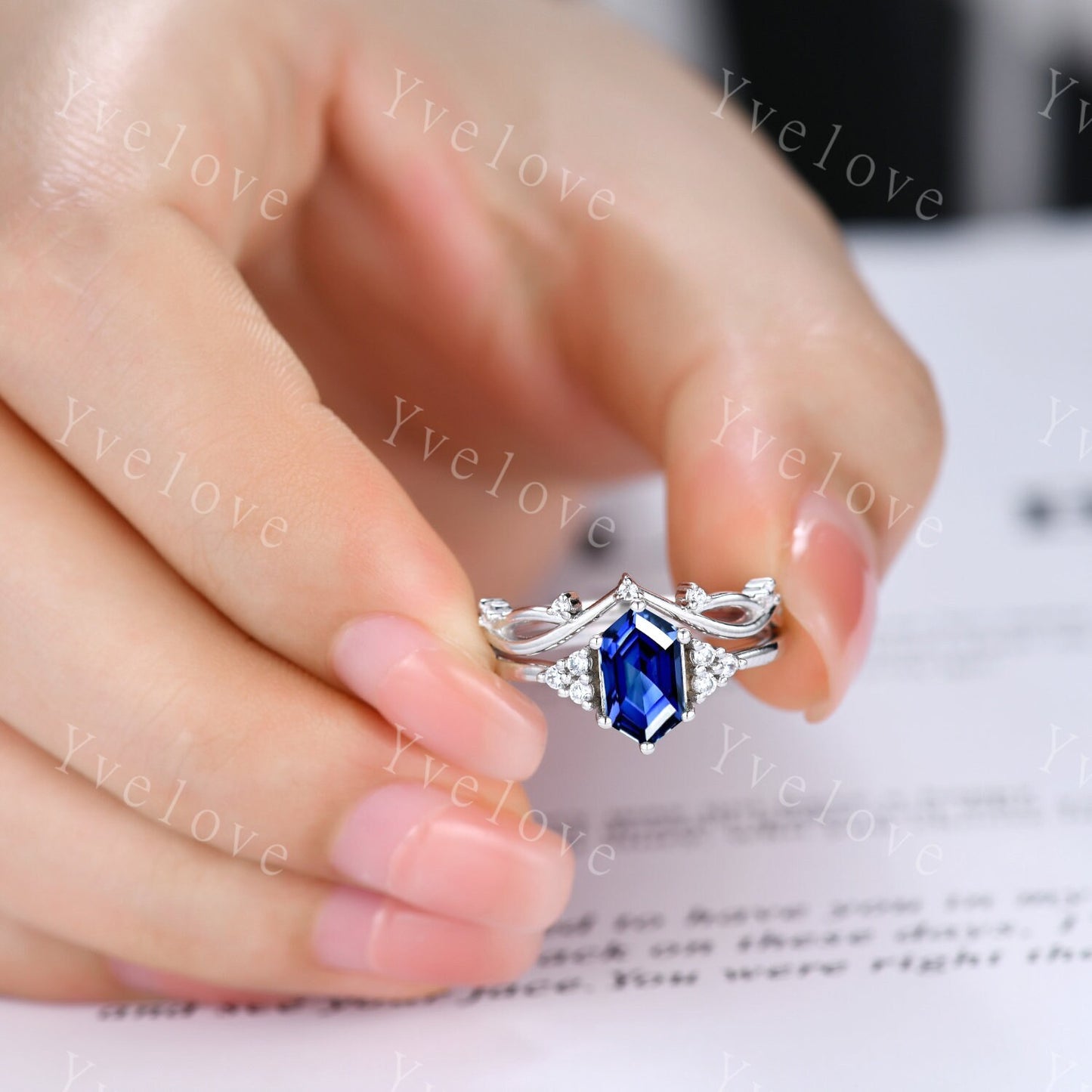 Retro Long hexagon Sapphire Ring,Vintage Sterling Silver Ring Set,Unique Sapphire Engagement Ring,Promise Ring,Anniversary Ring Gift For Her