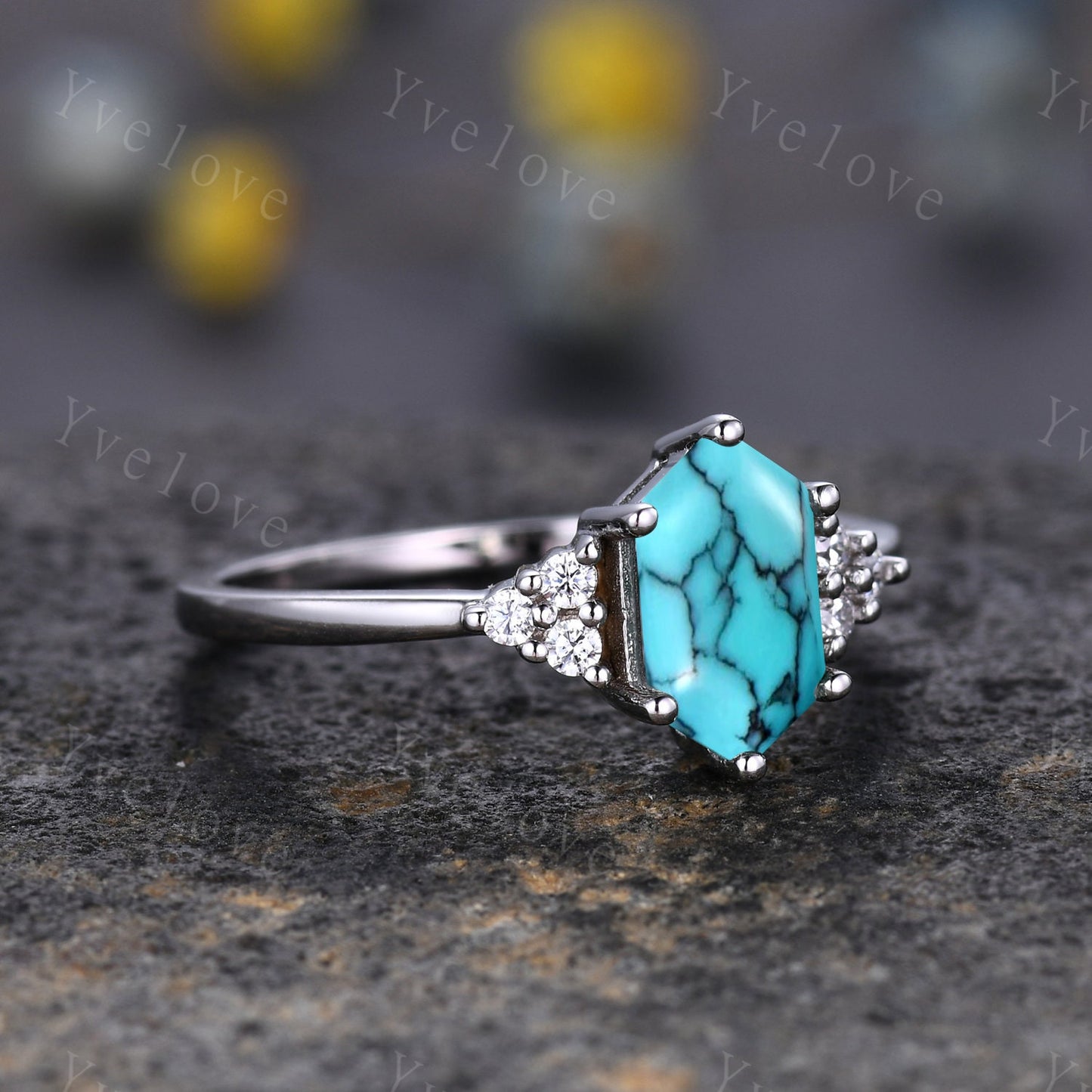 Retro Hexagon Turquoise Ring,Vintage Sterling Silver Ring Set,Unique Turquoise Engagement Ring,Promise Ring,Anniversary Ring Gift For Her