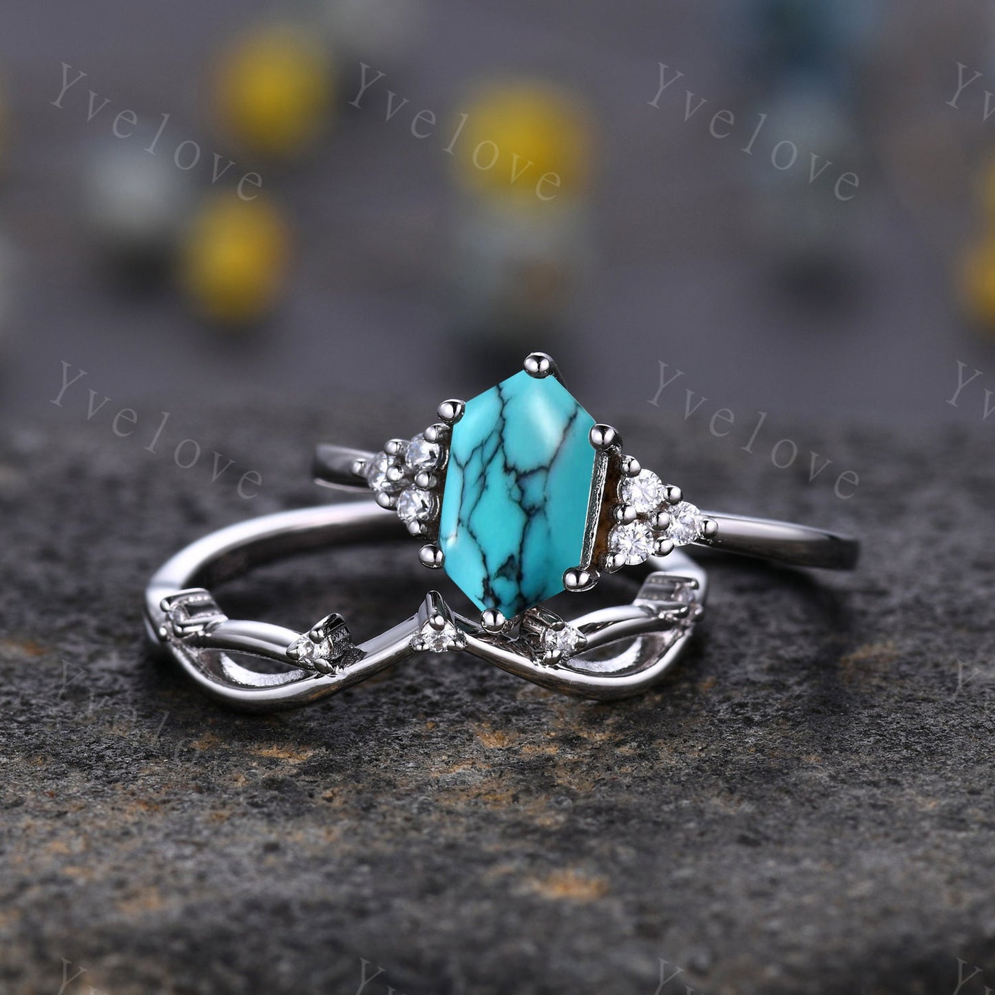 Retro Hexagon Turquoise Ring,Vintage Sterling Silver Ring Set,Unique Turquoise Engagement Ring,Promise Ring,Anniversary Ring Gift For Her