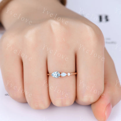 Vintage Aquamarine Opal Engagement Ring,Pear Cut Gems,Art Deco Moissanite Wedding Band,3 Stone Unique Women Bridal Promise Ring,Customized