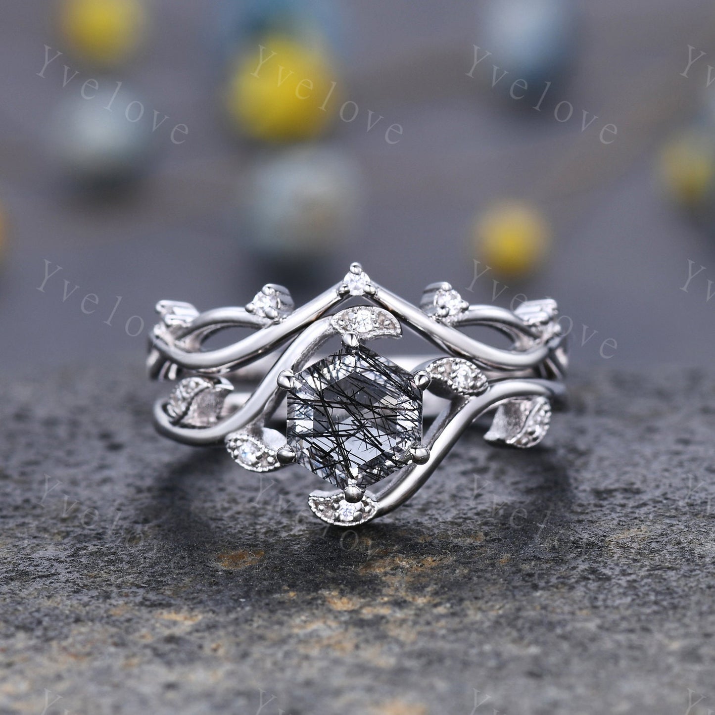 Retro hexagon Black Rutilate Quartz Ring,Vintage Silver Ring Set,Unique Rutilated Quartz  Engagement Ring,Promise Ring,Bridal Ring Set Gift