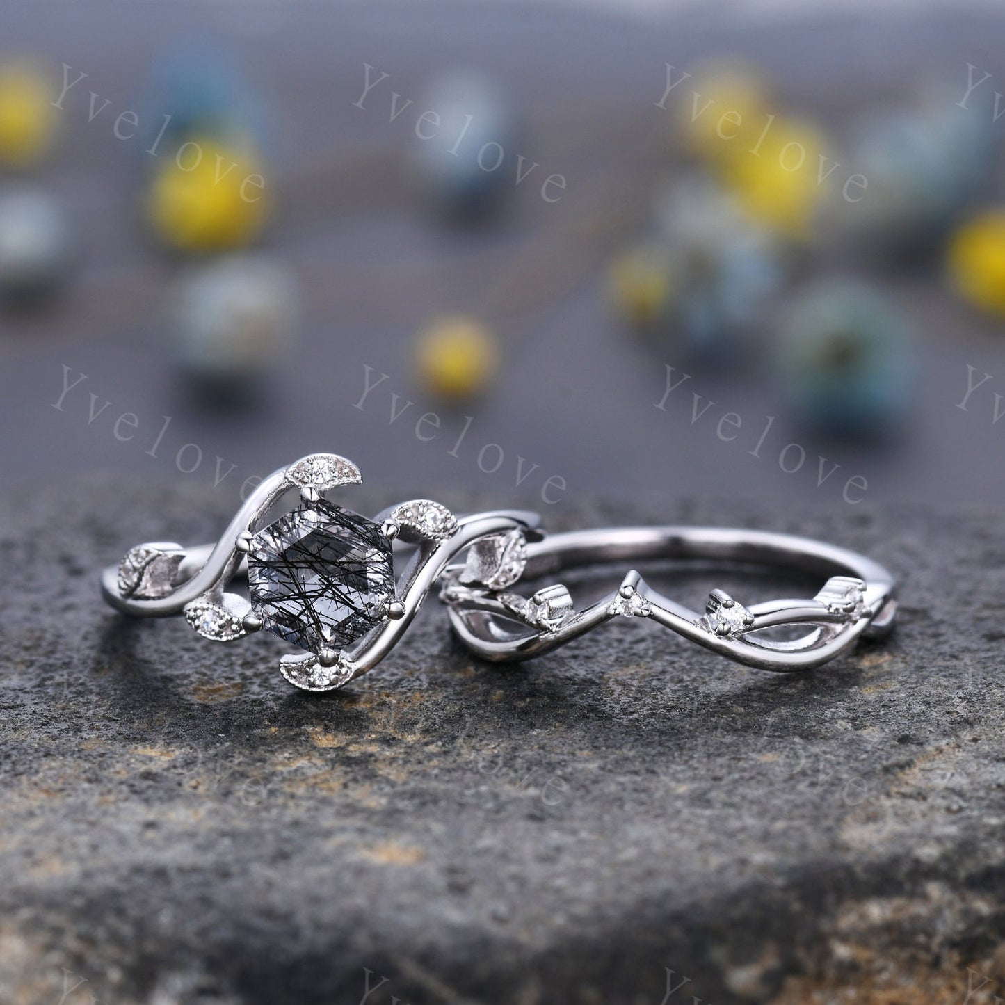 Retro hexagon Black Rutilate Quartz Ring,Vintage Silver Ring Set,Unique Rutilated Quartz  Engagement Ring,Promise Ring,Bridal Ring Set Gift