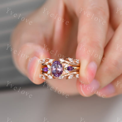 Vintage Amethyst Engagement Ring,Enhancer Ring,Amethyst Moissanite Ring Set,Women Matching Diamond Band Unique Floral Design Promise Ring