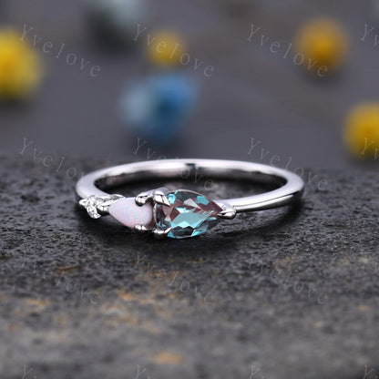 Vintage Alexandrite Opal Engagement Ring,Pear Cut Gems,Art Deco Moissanite Wedding Band,3 Stone Unique Women Bridal Promise Ring,Solid Gold