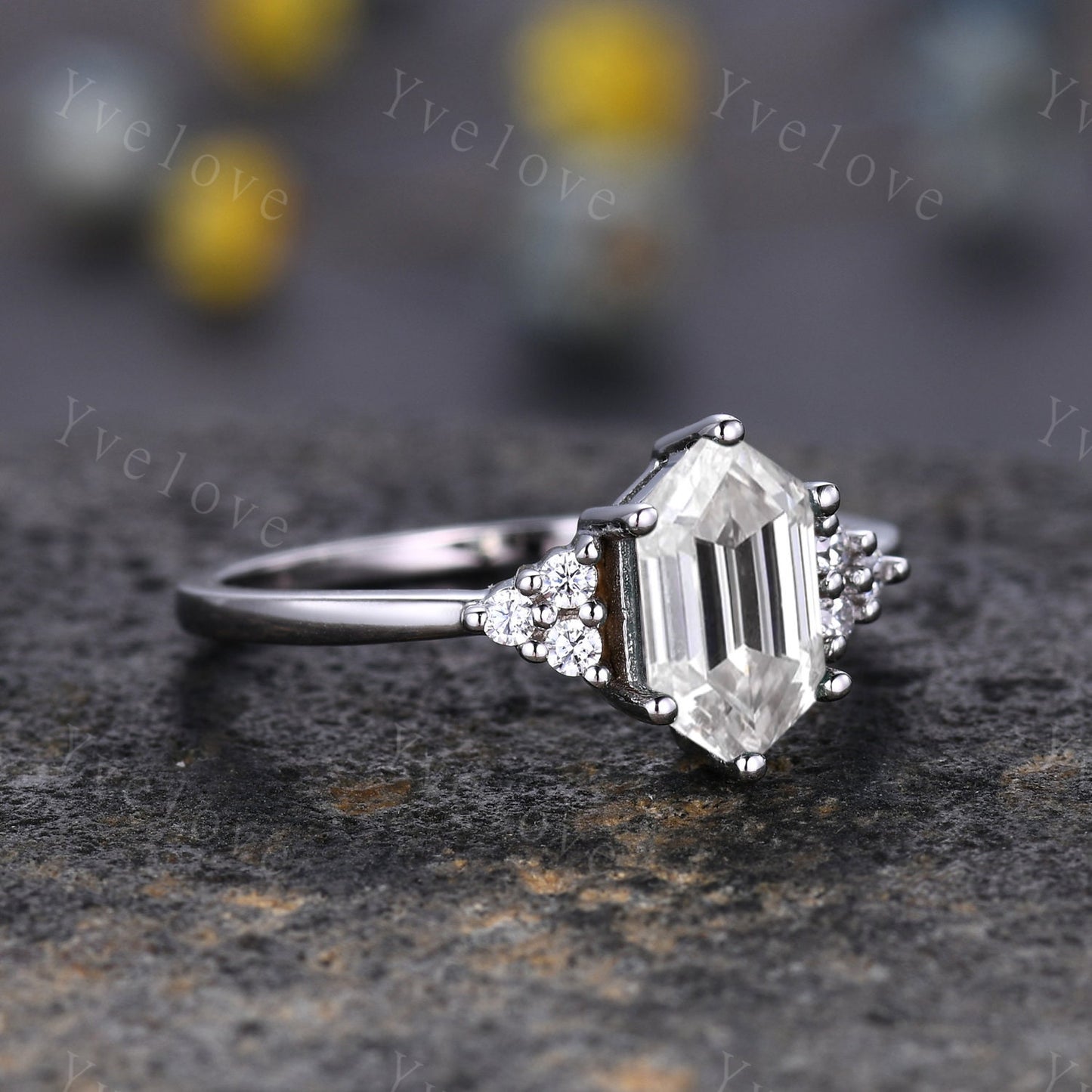 Retro hexagon Moissanite Ring,Vintage Moissanite Ring Set,Unique Diamond Engagement Ring,Promise Ring,Anniversary Ring Gift For Her,Platinum