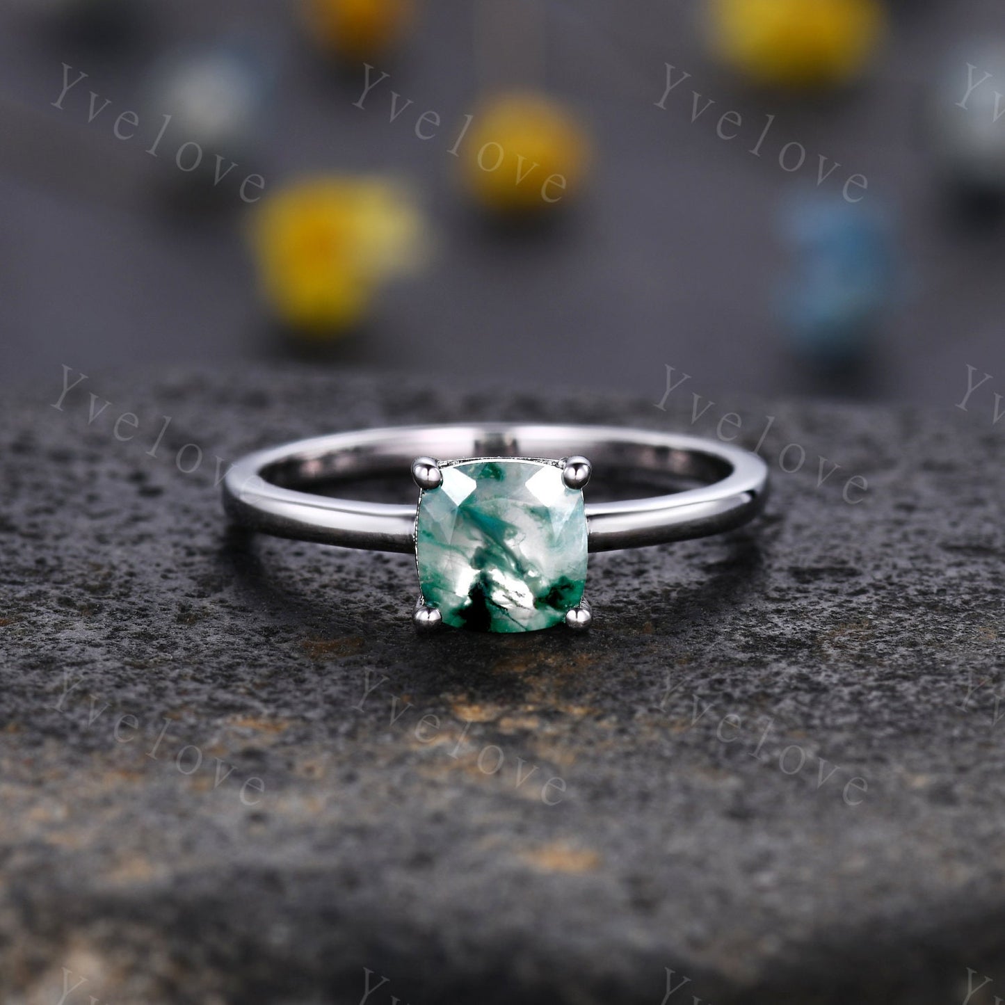 Moss agate engagement ring,Green agate ring,Moss agate ring,Cushion cut moss agate ring,Platinum ring,Silver ring,Solitaire ring,Customized