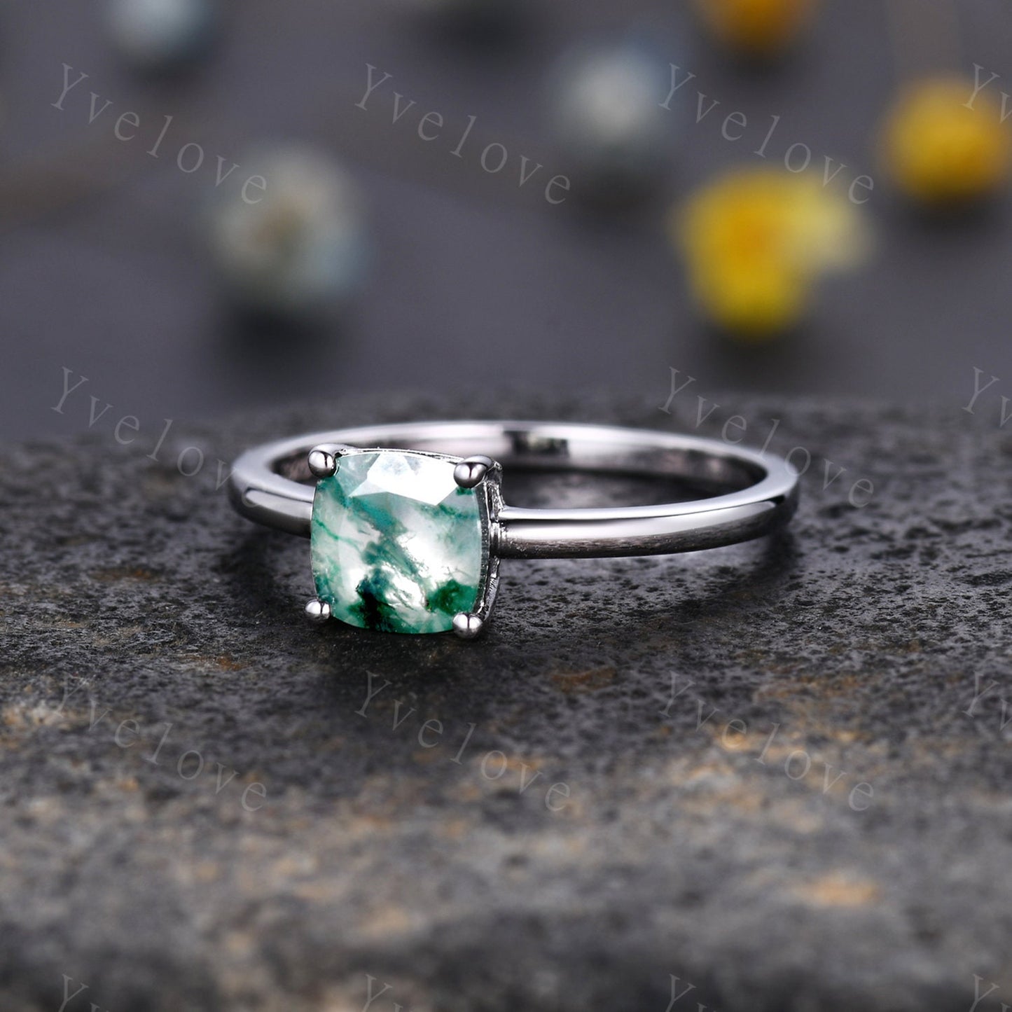 Moss agate engagement ring,Green agate ring,Moss agate ring,Cushion cut moss agate ring,Platinum ring,Silver ring,Solitaire ring,Customized