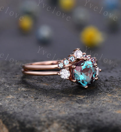 Alexandrite Engagement Ring Set Curved Crown Diamond/Moissanite Matching Band Color change alexandrite Ring Set Rose Gold Bridal Wedding Set