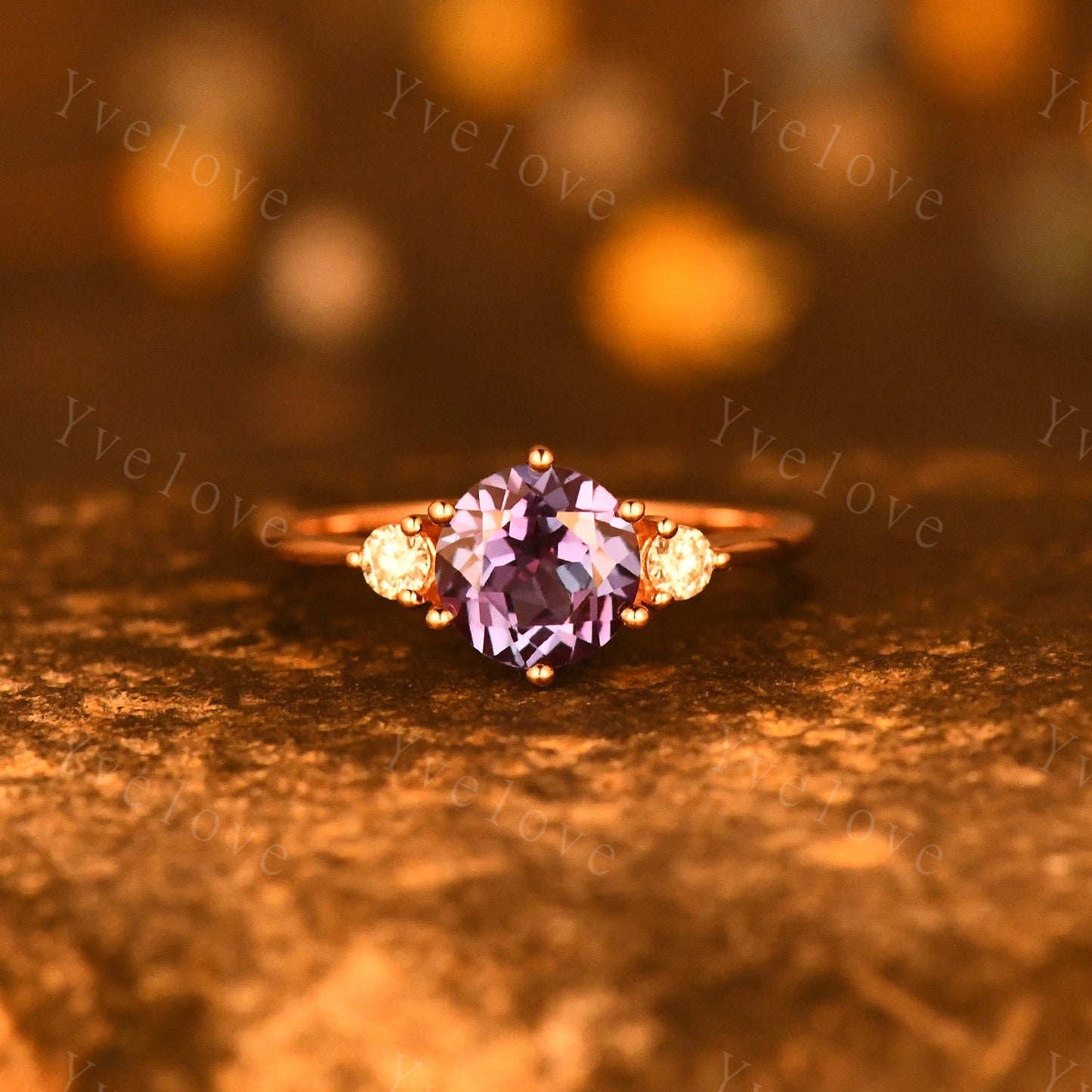 Art Deco Alexandrite Engagement Ring,Three Stone Moissanite Matching Band Color change alexandrite Ring,Rose Gold Bridal Wedding Set For Her