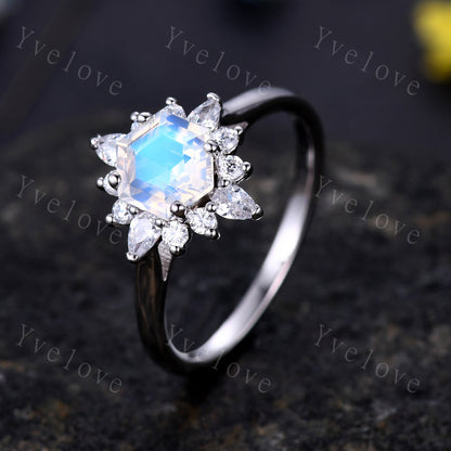 Unique Moonstone Engagement Ring Set,hexagon Moonstone ring,Retro Moissanite Band,Sterling silver Ring,Women Matching Band,Promise Ring Gift