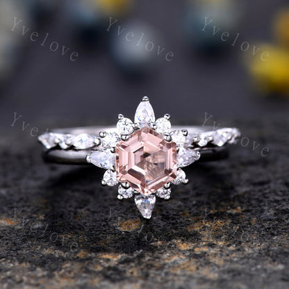 Art Deco Morganite Engagement Ring Set,hexagon Morganite ring,Marquise Moissanite Band,Pink Morganite Ring,Women Matching Wedding Band Gift