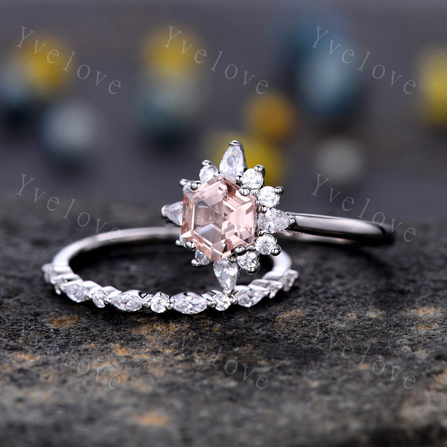 Art Deco Morganite Engagement Ring Set,hexagon Morganite ring,Marquise Moissanite Band,Pink Morganite Ring,Women Matching Wedding Band Gift