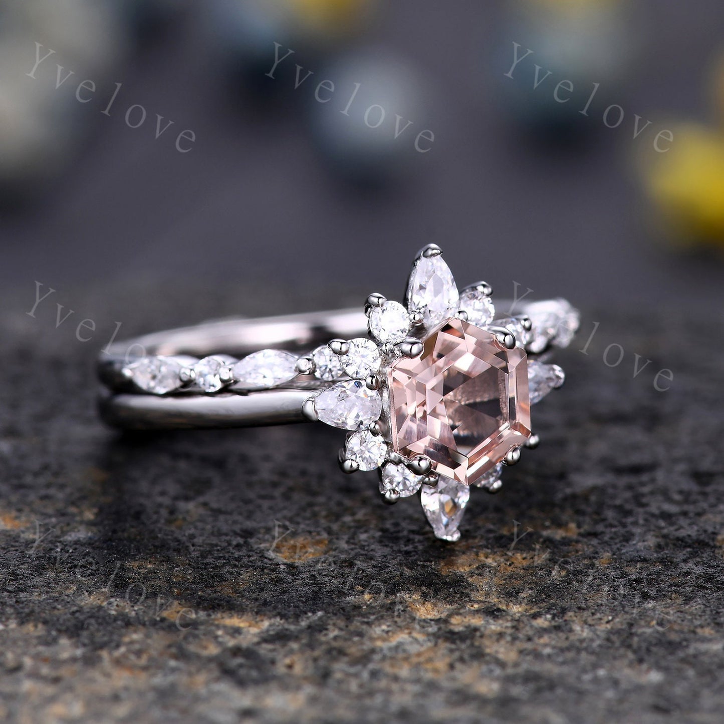 Art Deco Morganite Engagement Ring Set,hexagon Morganite ring,Marquise Moissanite Band,Pink Morganite Ring,Women Matching Wedding Band Gift