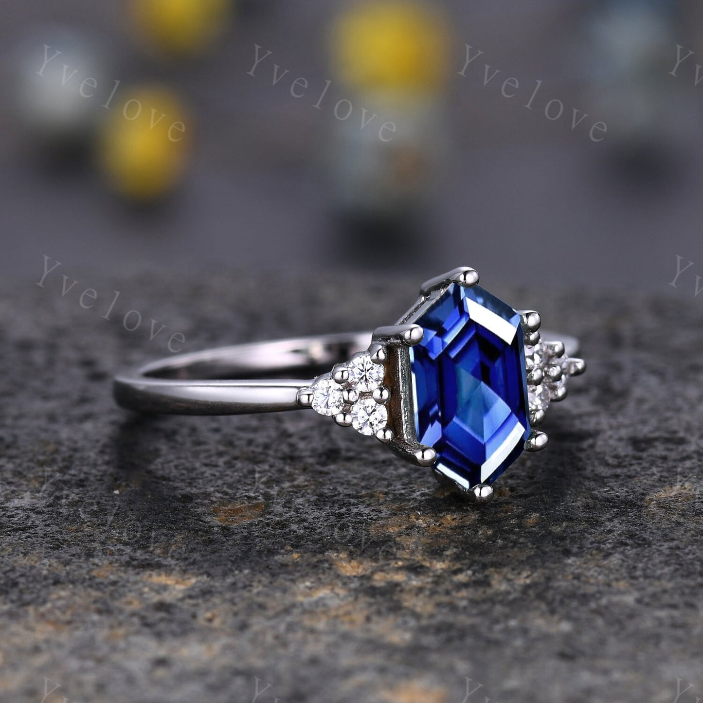 Retro Long hexagon Sapphire Ring,Vintage Sterling Silver Ring Set,Unique Sapphire Engagement Ring,Promise Ring,Anniversary Ring Gift For Her