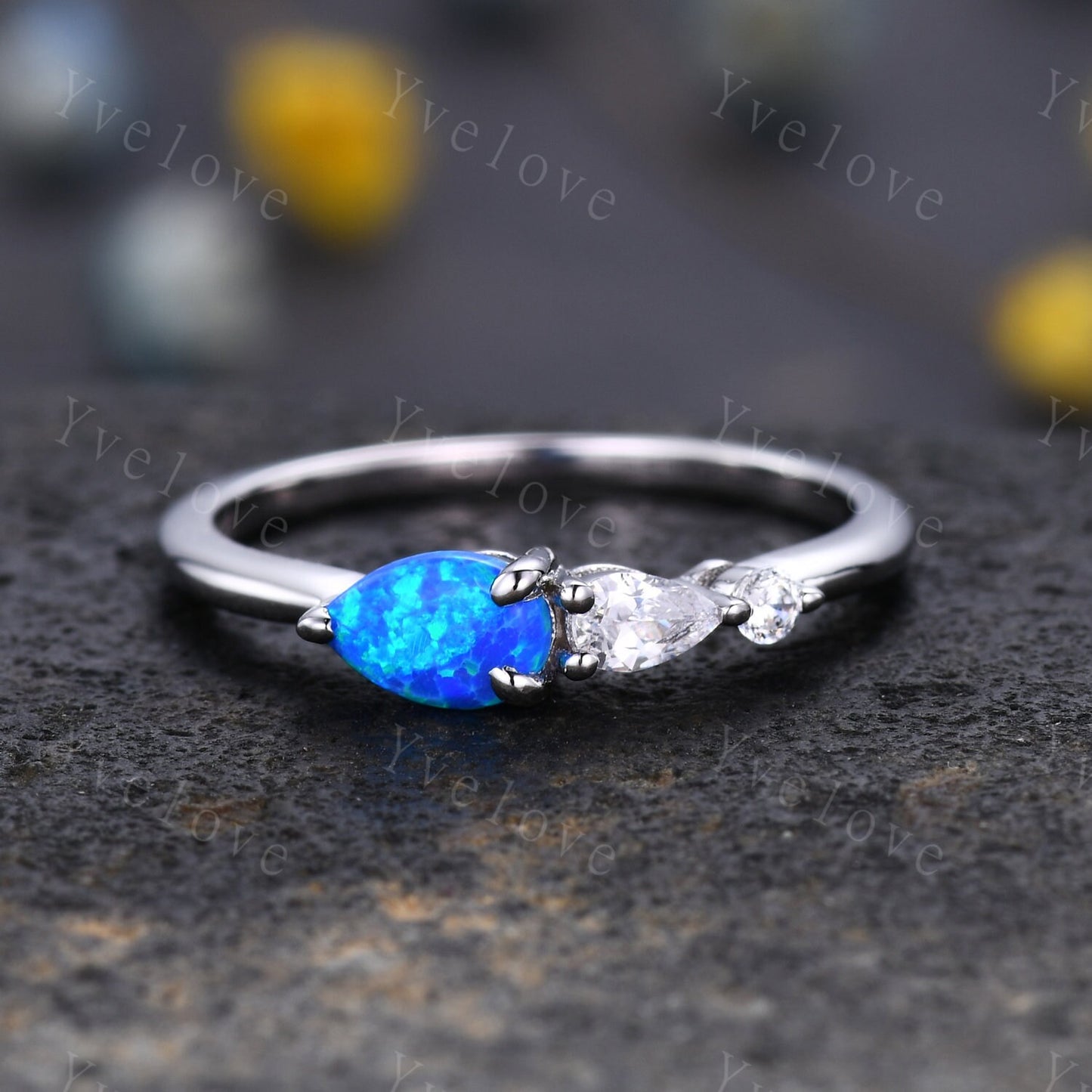 Vintage Black Opal Ring Engagement Ring,Pear Cut Gems,Art Deco Moissanite Wedding Band,3 Stone Unique Women Bridal Promise Ring,14kRose gold