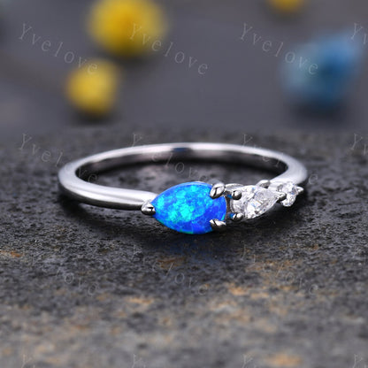 Vintage Black Opal Ring Engagement Ring,Pear Cut Gems,Art Deco Moissanite Wedding Band,3 Stone Unique Women Bridal Promise Ring,14kRose gold