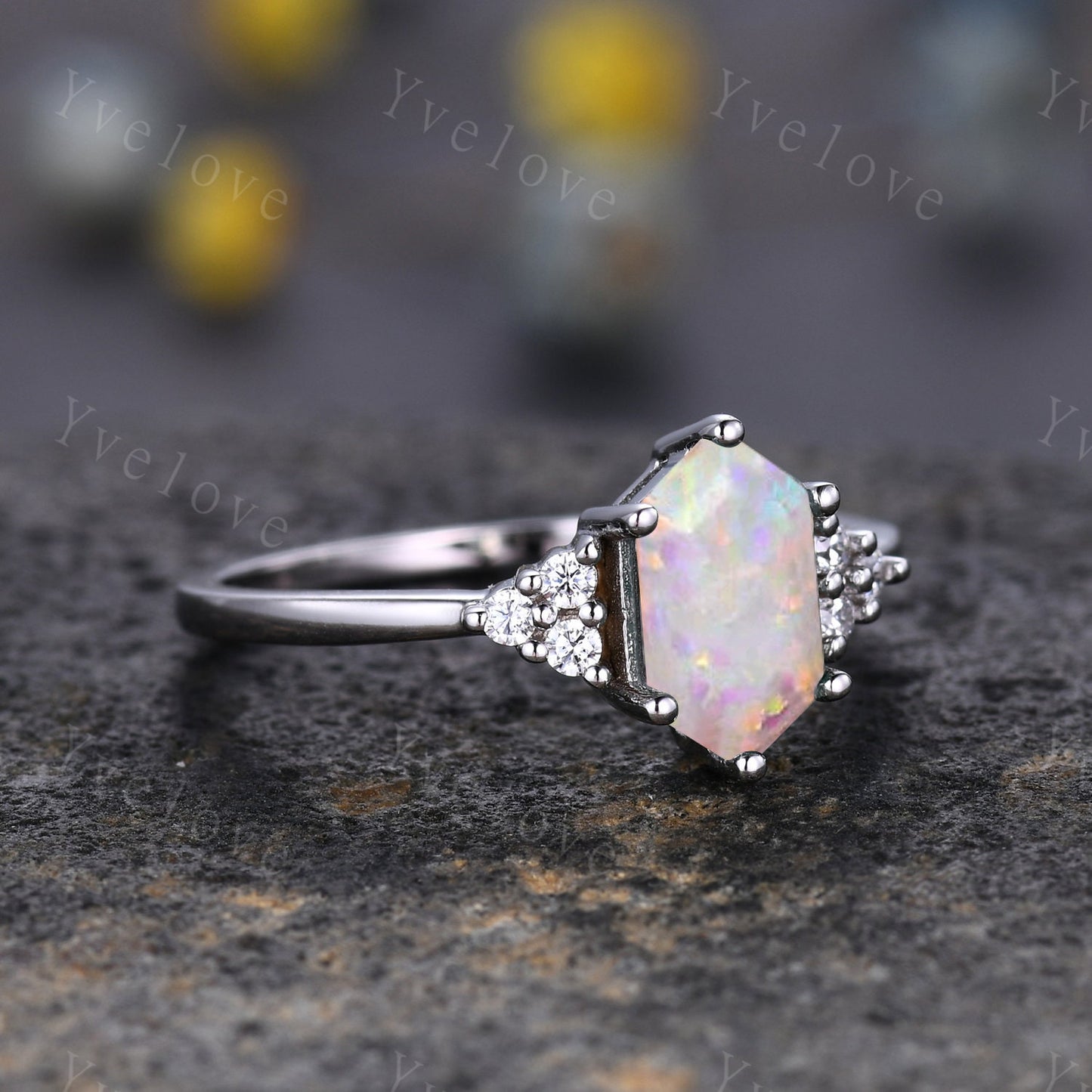 Retro Long hexagon White Opal Ring,Vintage Sterling Silver Ring Set,Unique Opal Engagement Ring,Promise Ring,Anniversary Ring Gift For Her