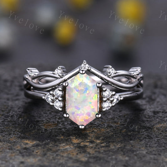 Retro Long hexagon White Opal Ring,Vintage Sterling Silver Ring Set,Unique Opal Engagement Ring,Promise Ring,Anniversary Ring Gift For Her