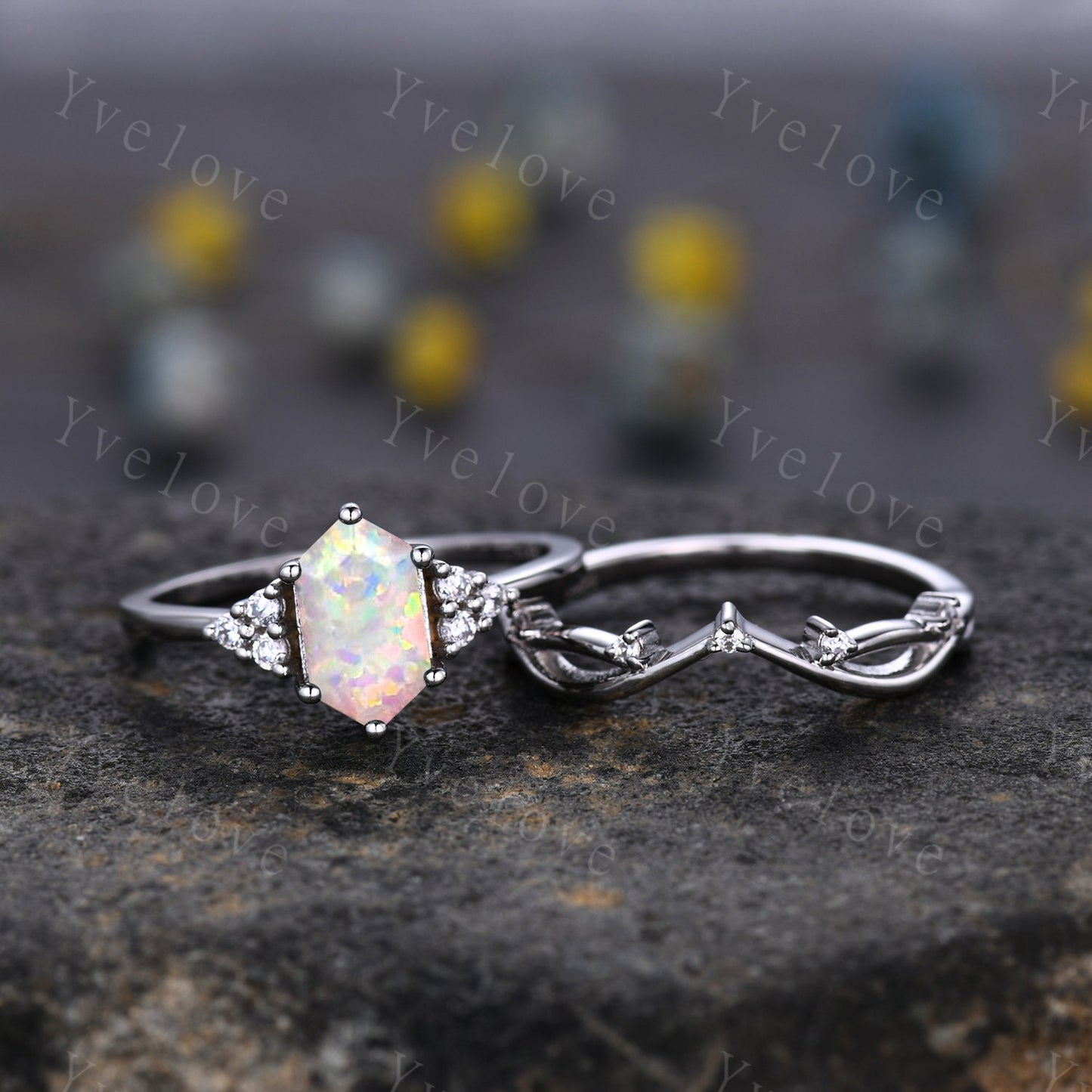 Retro Long hexagon White Opal Ring,Vintage Sterling Silver Ring Set,Unique Opal Engagement Ring,Promise Ring,Anniversary Ring Gift For Her