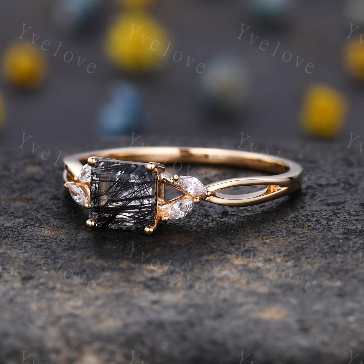 Vintage Black Rutilated Quartz Engagement Ring Princess Cut Black Gemstone Ring Twisting Split Shank Vine Moissanite Ring Bridal Ring Gift