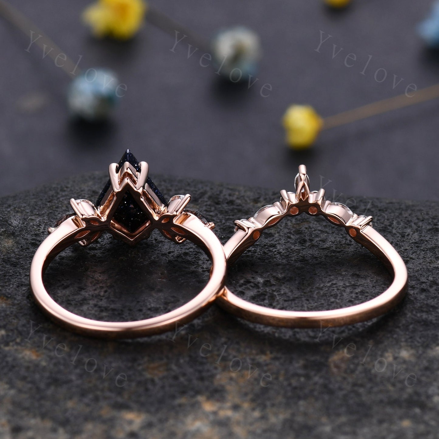 Vintage Kite shaped Sandstone Engagement Ring Set,Unique Bridal Ring Set,Marquise Black Rutilated Quartz,Rose Gold Galaxy Anniversary Ring