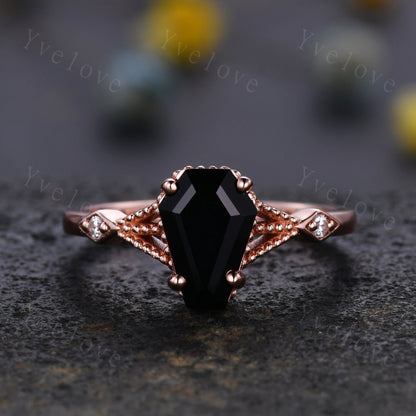 Vintage Coffin black onyx ring diamond wedding ring Unique black onyx engagement ring women rose gold diamond matching band bridal ring gift