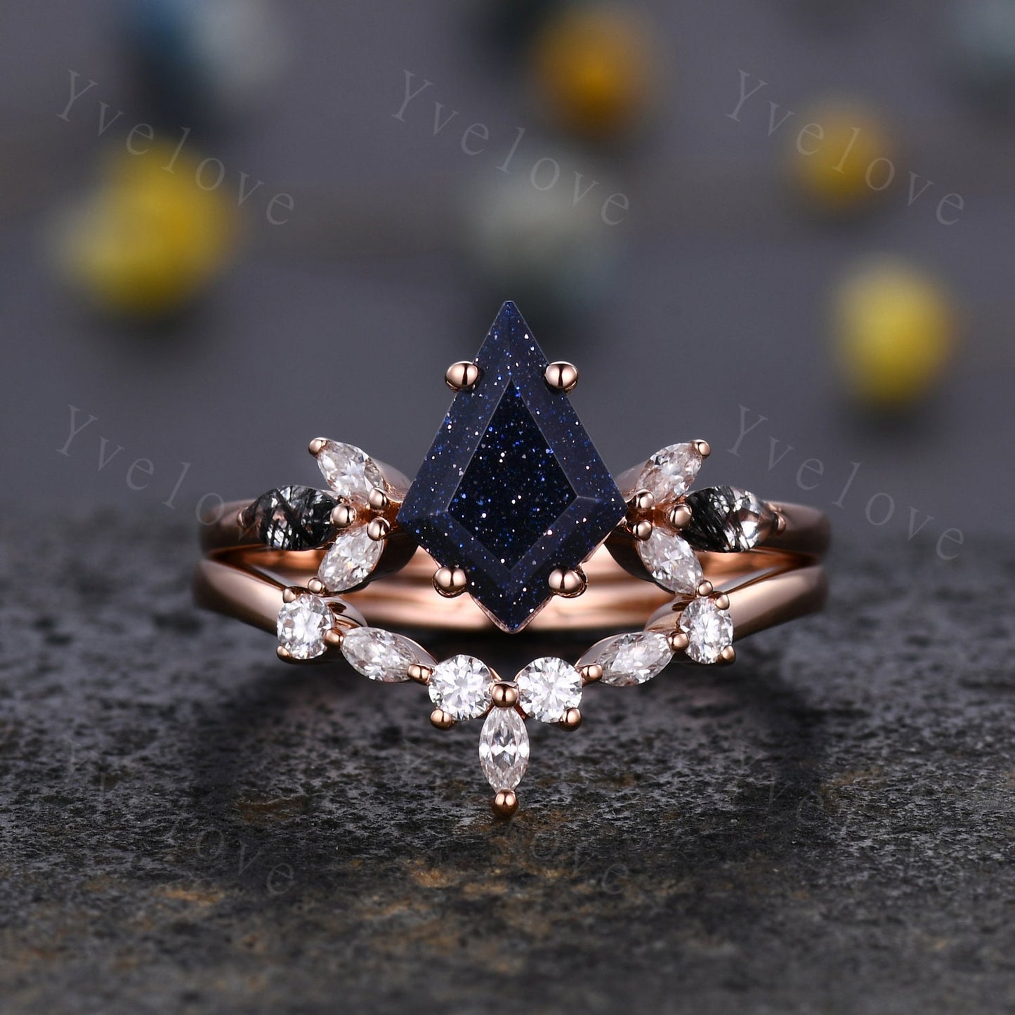 Vintage Hexagon shaped Sandstone Engagement Ring,Unique Bridal Ring,Marquise Black Rutilated Quartz Ring,Solid Gold Galaxy Anniversary Ring